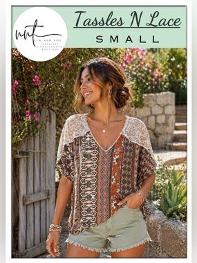 Tassels N Lace Boho Tunic Top Lace Yoke Paisley Mixed Print Small